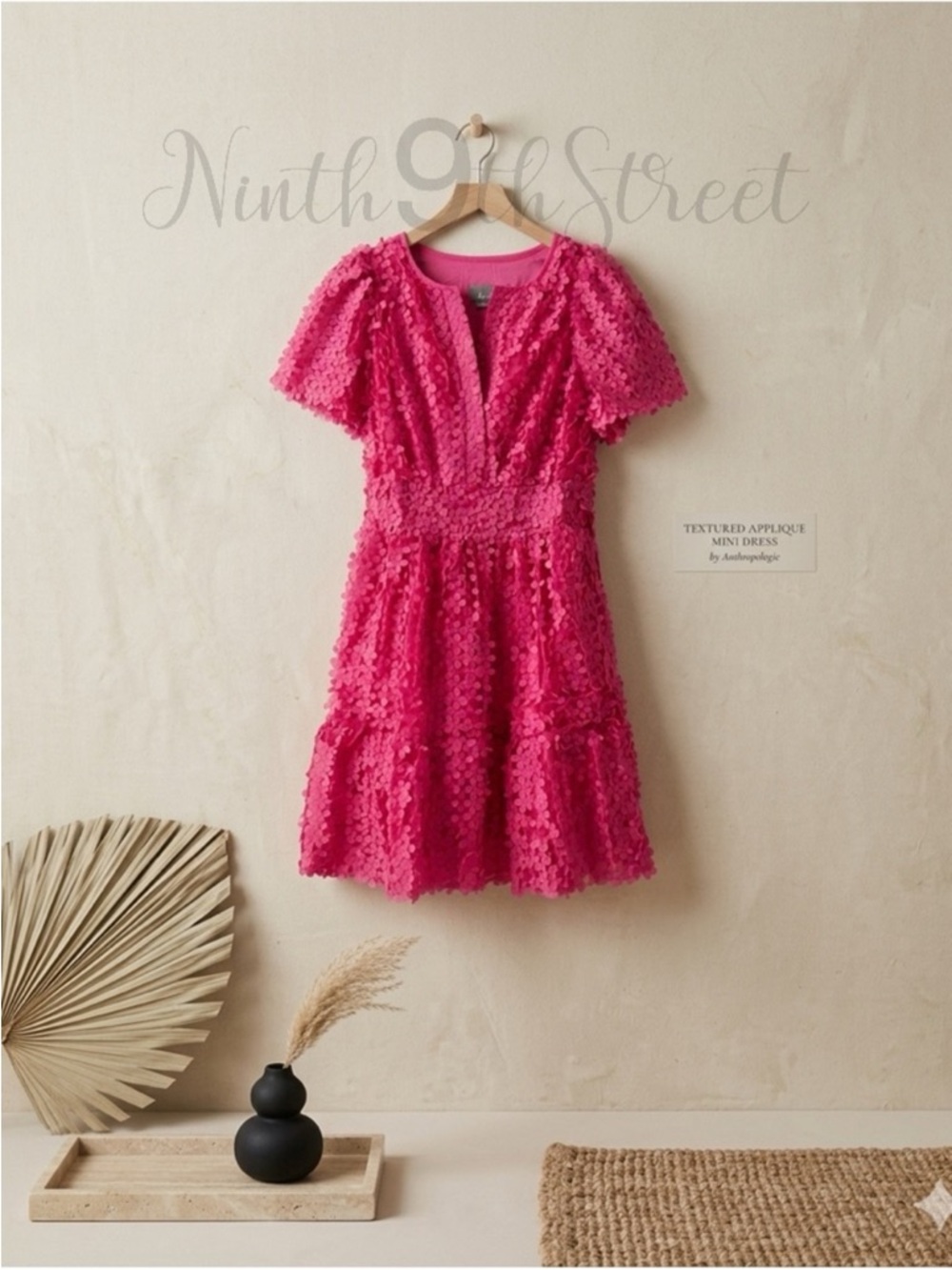 Anthropologie Somerset Mini Dress Floral Appliqué Pink Medium NWT